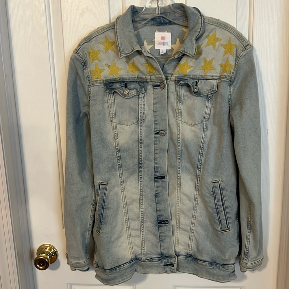 Lula Roe vintage denim embroidered jacket. Size L. Jean jacket. Gold stars